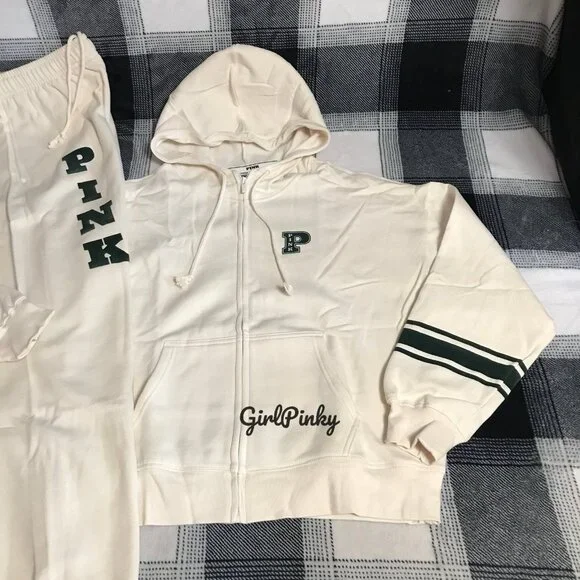 VS PINK SWEATPANTS OUTFIT & FULL ZIP IN WHITE SHELL & DARK FOREST GREEN L XL XXL - Picture 3 of 11